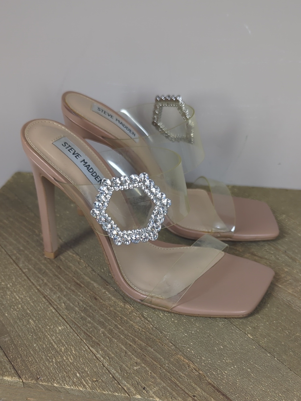 Steve Madden Nude Pink Clear Strap Heels with Crystal Buckle 7